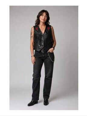 Women's Western Leather Fringe Vest Rose Concho Detail  Biker Motorcycle Large
